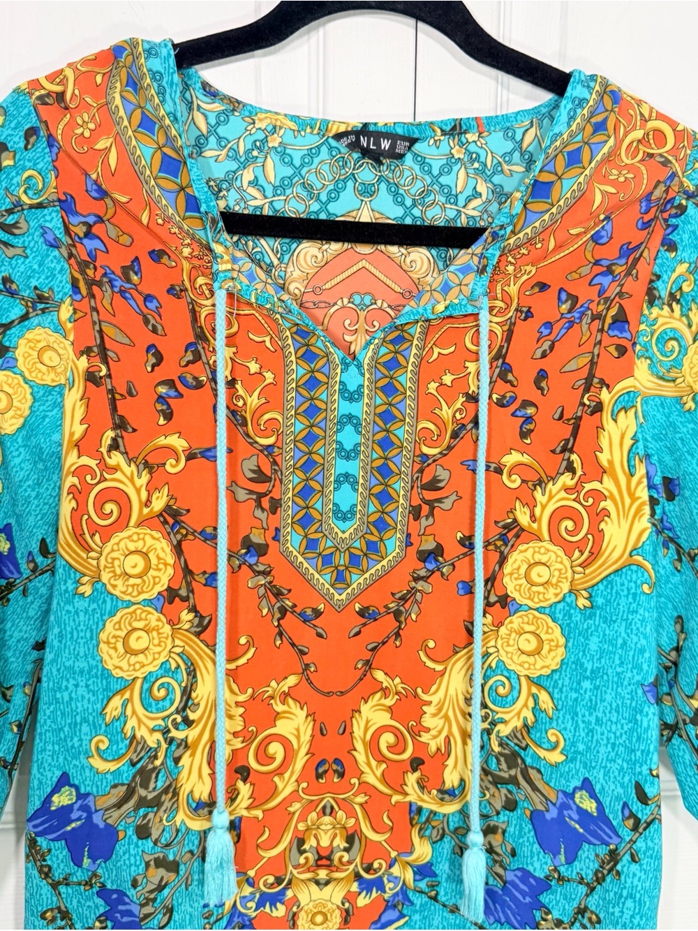 NLW Turquoise & Coral Printed Boho Swim Coverup - Picture 3 of 13